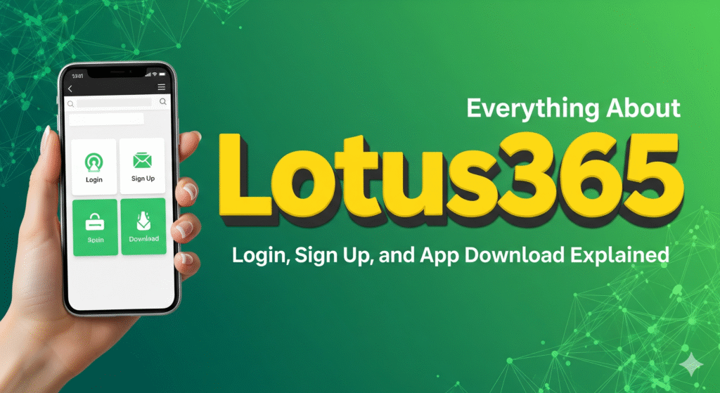 Female hand holding mobile phone displaying Lotus365 login and sign up app dashboard.